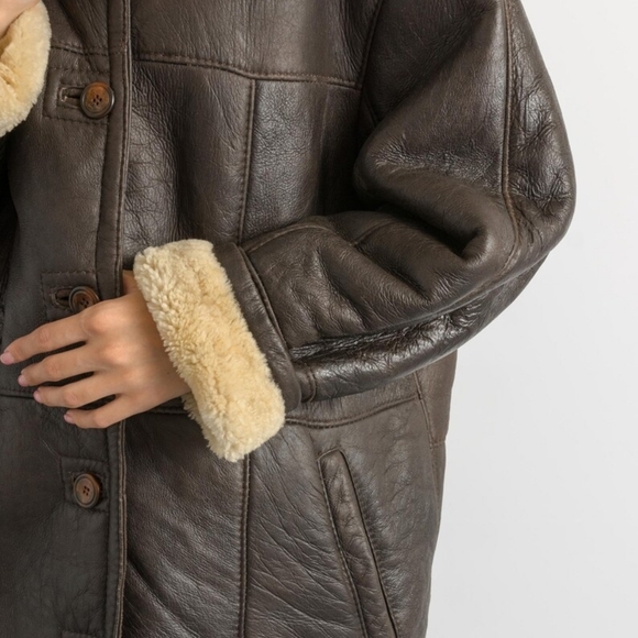 80s Western Sheepskin Coat, Size L Brown Shearling Coat Vintage Leather Jacket - Picture 13 of 16